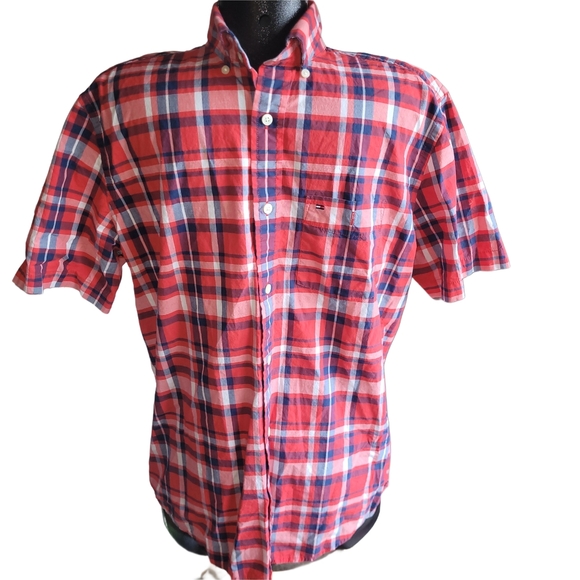 Tommy Hilfiger Red Plaid Men's Short Sleeve Shirt M - Picture 1 of 4